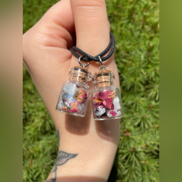 Rainbow Moonstone Rose Petal Spell Bottle Necklace | HandCrafted Crystal Jewelry - Picture 3 of 4
